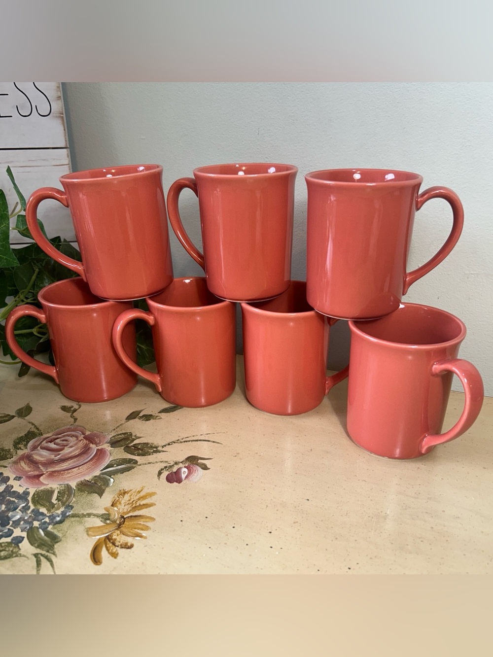 Vintage Corning NY USA Coffee Mugs Cups Peach Orange Salmon Coral Set =2